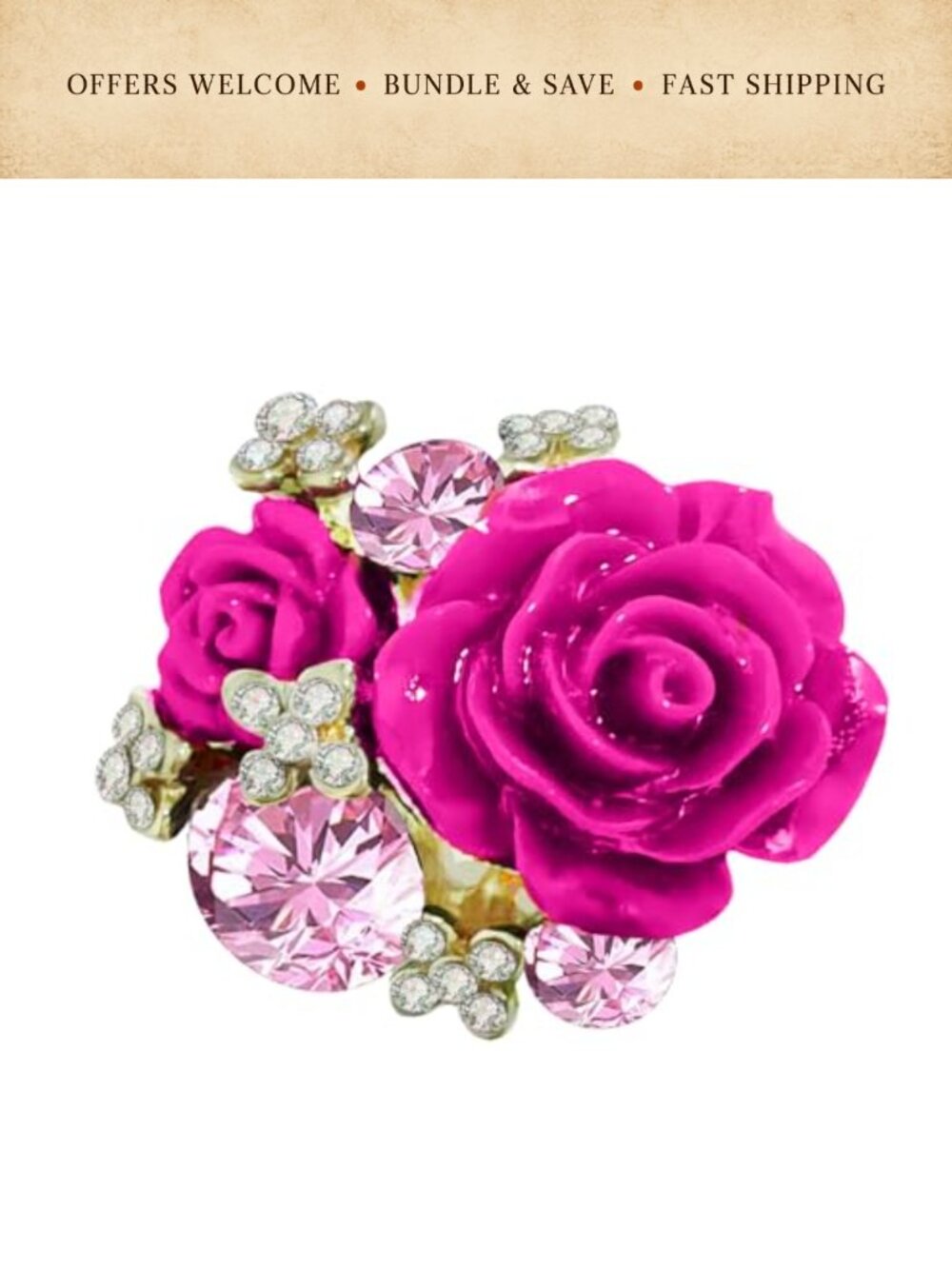 Gold Plated Cubic Zirconia Rose Flower Statement Ring Adjustable Open Band